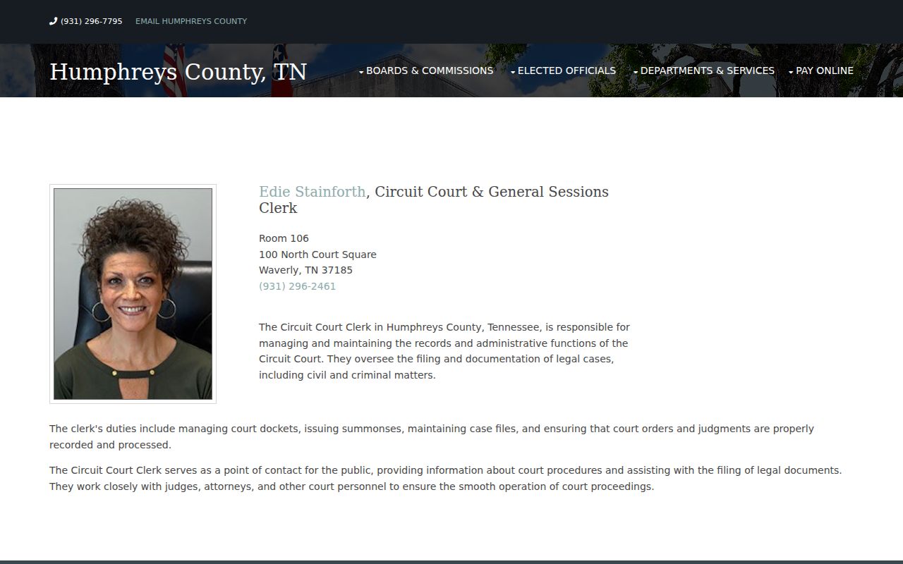 Humphreys County warrant records courthouse clerk contact information