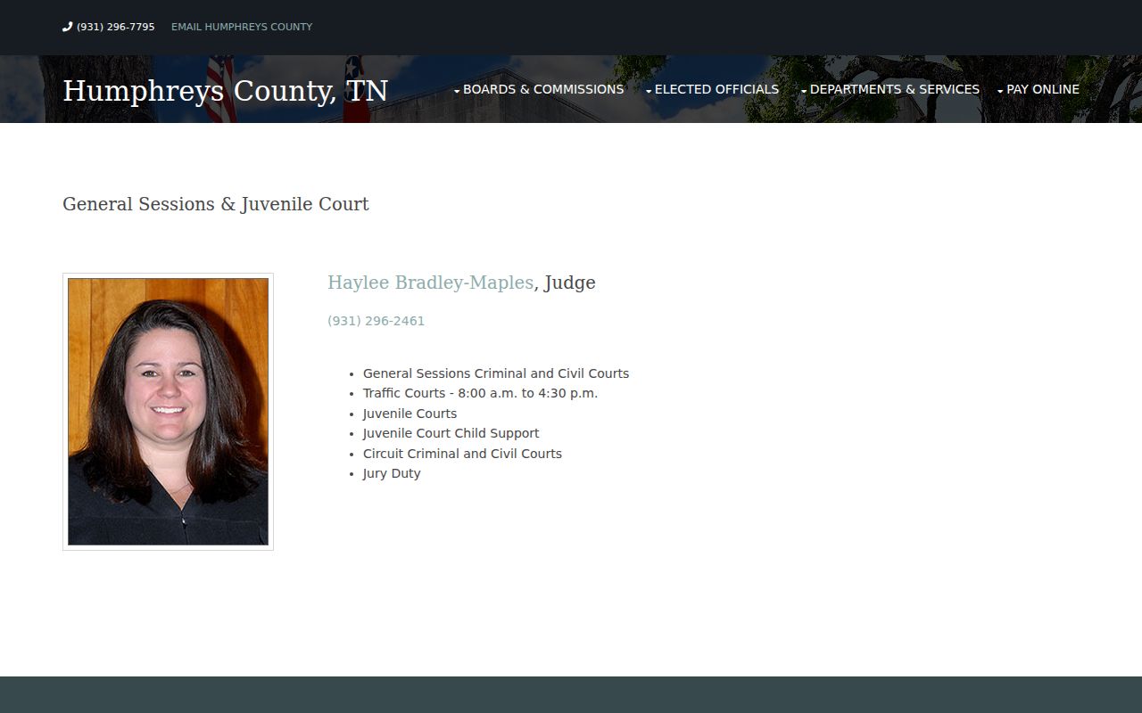 Humphreys County warrant records routing, General Sessions office information