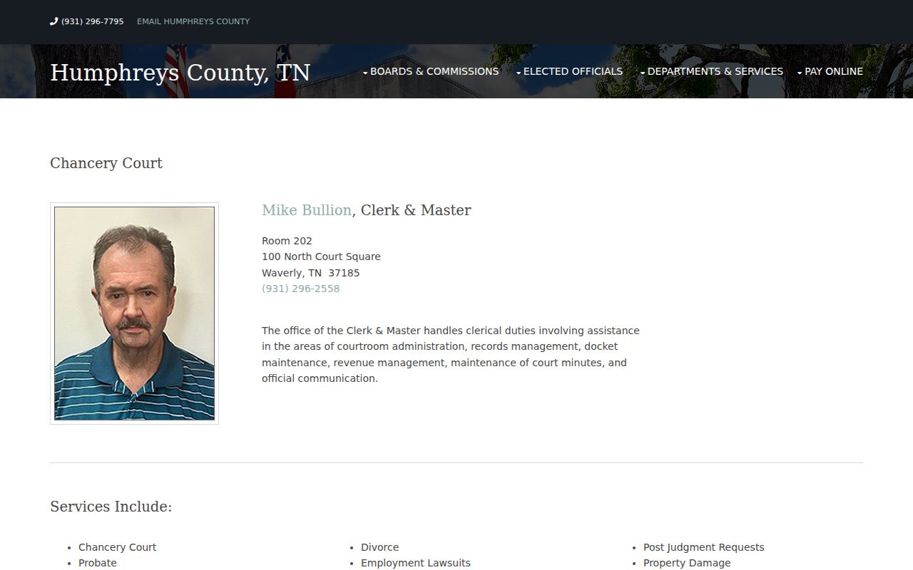 Humphreys County bench warrant routing, Clerk and Master Chancery office information