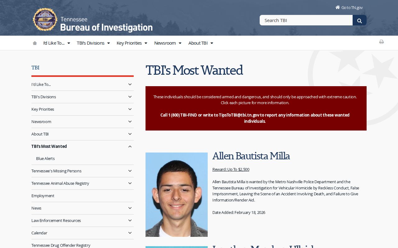 Humphreys County most wanted reference, TBI program criteria without roster entries