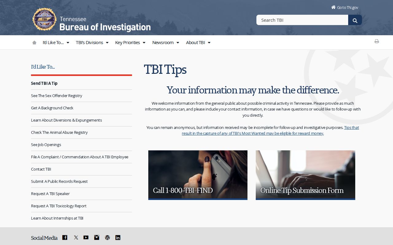 Humphreys County most wanted tip reference, official TBI anonymous tip instructions