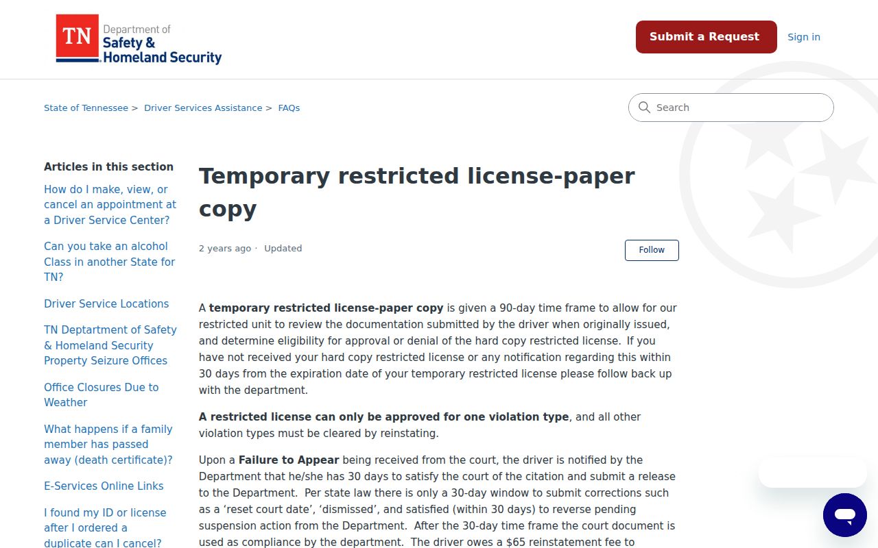 Humphreys County traffic warrant and Tennessee failure-to-appear compliance notice